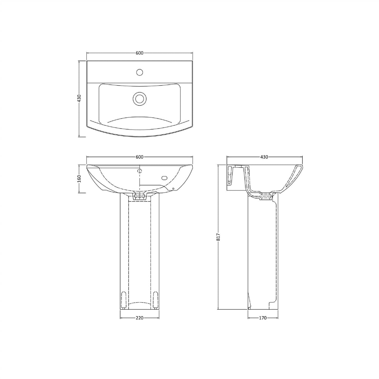 Aquarius Bathrooms Pedestal Basin Aquarius Paragon 600mm 1 Tap Hole Basin with Full Pedestal