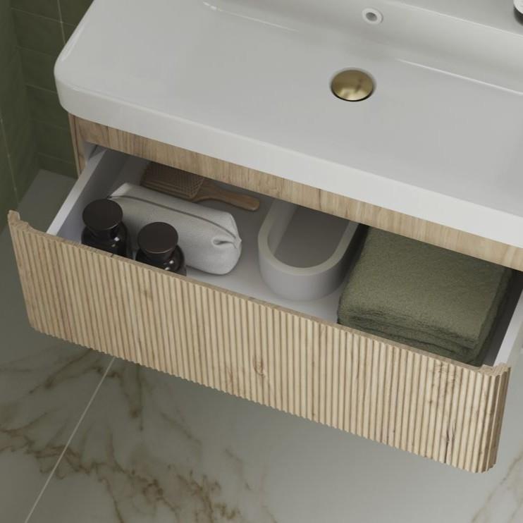 Aquarius Corinthe Fluted Wall Mounted One Drawer Vanity Unit with Basin in Textured Oak