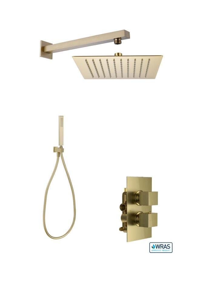 Aquarius Bathrooms Concealed Valve Kit Aquarius RainLux Square Brushed Brass 2 Outlet Shower Bundle AQRLKIT04BB