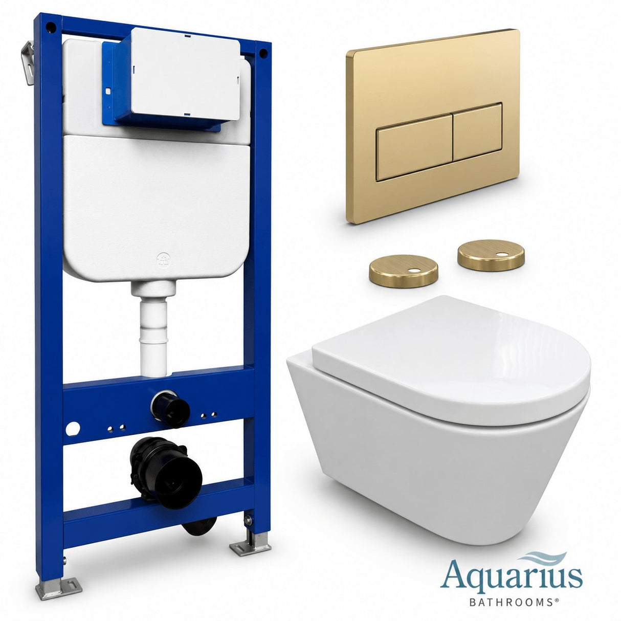 Aquarius Bathrooms Wall Hung Toilet Brushed Brass / Square Aquarius Urbano Rimless Wall Hung Toilet Pack with Frame, Flush Plate, Soft Closing Seat and Hinge Covers