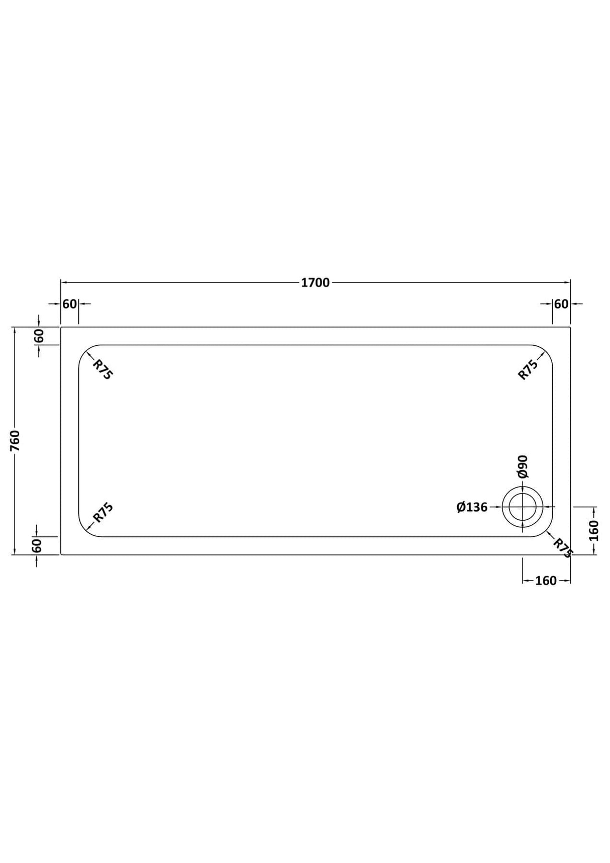 Aquarius Bathrooms Rectangle Shower Tray 1700x760mm Aquarius Urbano Rectangular 45mm Stone Resin Shower Tray in White