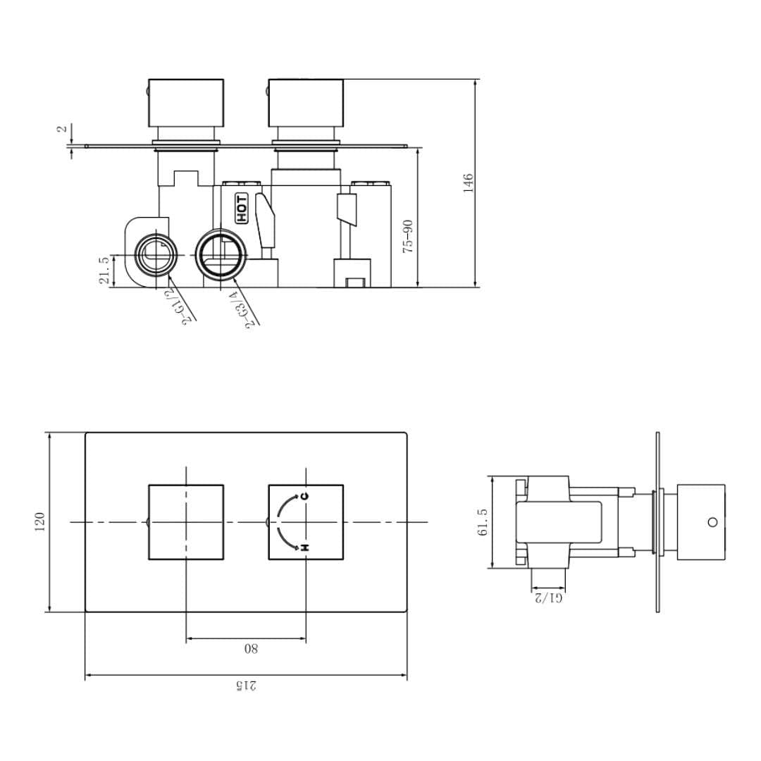 Aquarius Bathrooms Concealed Shower Valve Aquarius Modern Square Thermostatic Two-Way Concealed Shower Valve