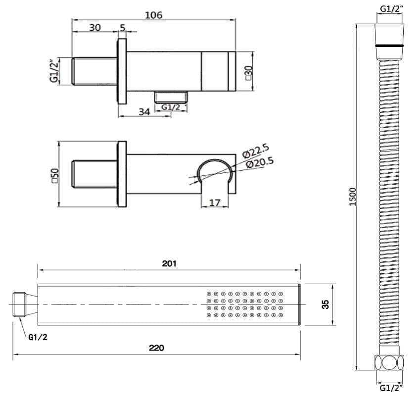 Aquarius Bathrooms Hand Held Kit Aquarius RainLux Integrated Outlet Square Handheld Shower Kit Brushed Brass AQRL13BB