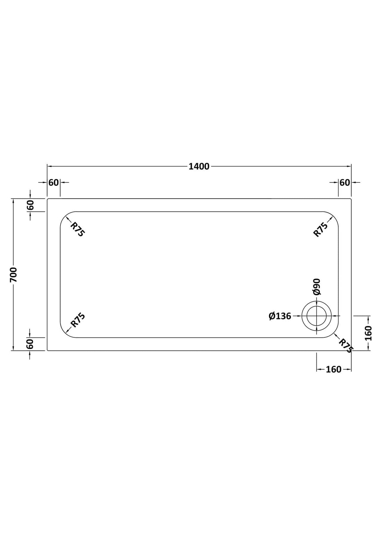 Aquarius Bathrooms Rectangle Shower Tray 1400x700mm Aquarius Urbano Rectangular 45mm Stone Resin Shower Tray in White