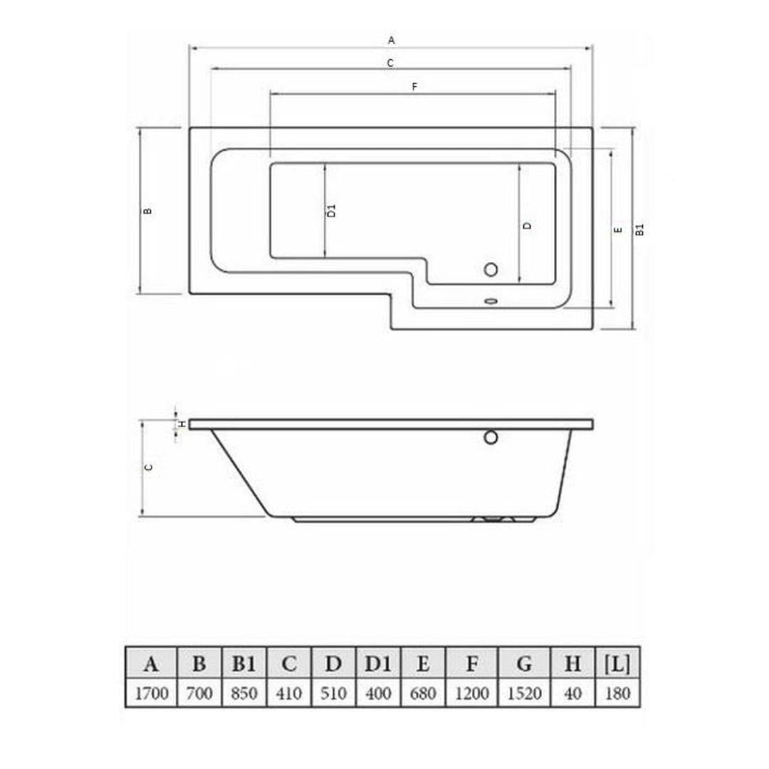 Aquarius Bathrooms Shower Bath Aquarius Splash 1700mm x 700mm L-Shape Shower Bath, Screen And Front Panel Set