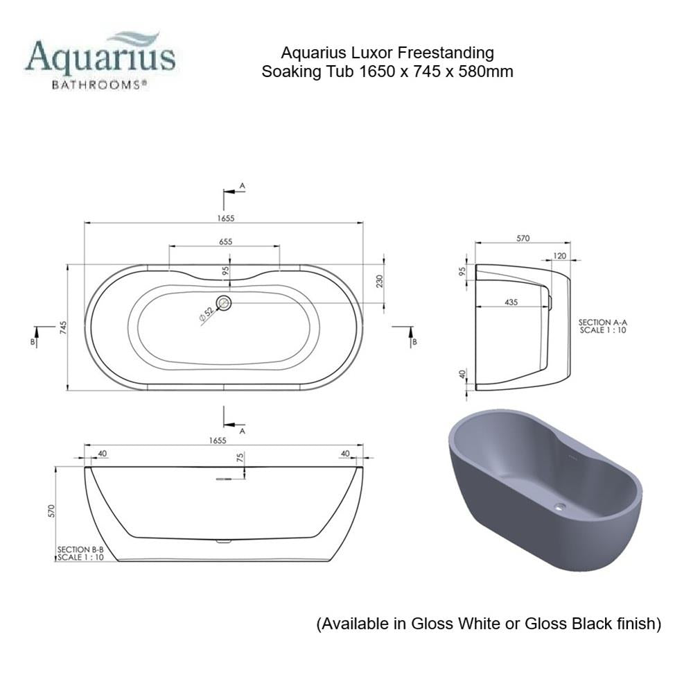 Aquarius Luxor Freestanding Soaking Bath Tub - 1650 x 745mm - Gloss Black
