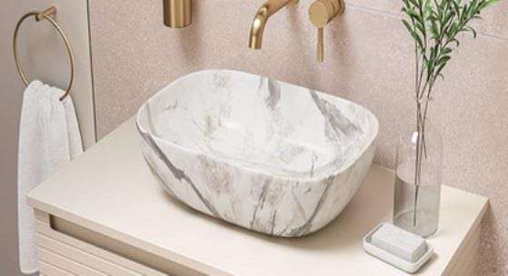 Aquarius Bathrooms Countertop Basin Aquarius V-Series 4 Luxury 0TH Vessel Wash Bowl 460mm White Marble Effect AQVS0074