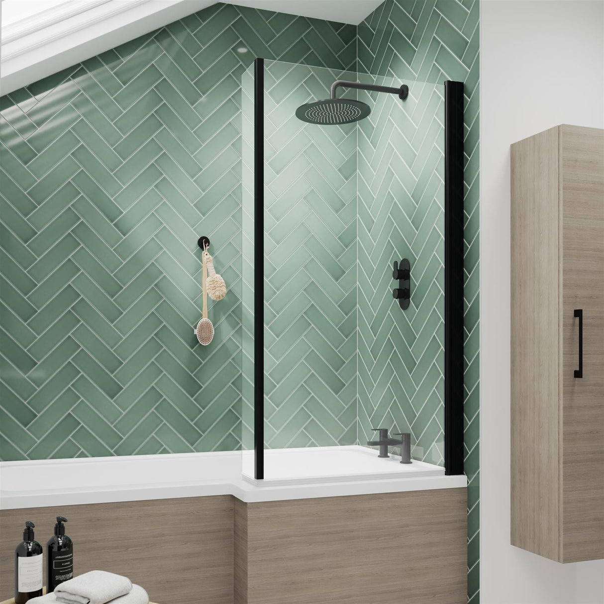 Aquarius Bathrooms Bath Screen Matt Black Aquarius LevAqua L-Shaped 6mm Hinged Bath Screen with Fixed Return