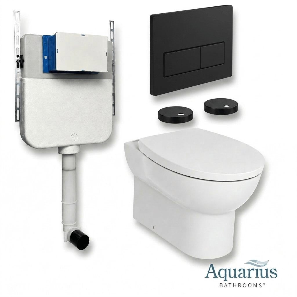 Aquarius Bathrooms Back To Wall Toilet Matt Black / Square Aquarius Urbano Rimless Back to Wall Toilet Pack with Cistern, Flush Plate, Soft Closing Seat and Hinge Covers