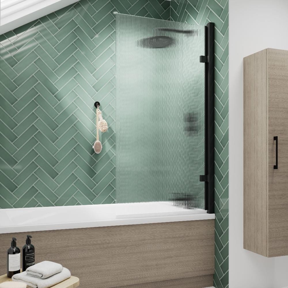 Aquarius Bathrooms Bath Screen Matt Black Aquarius Urbano Fluted Hinged Bath Screen