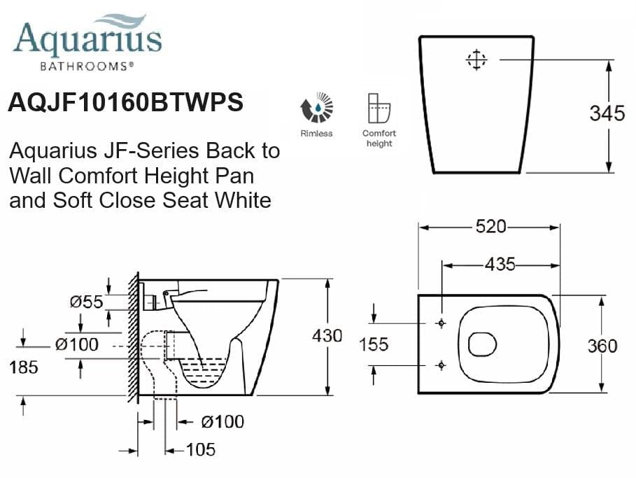 Aquarius Bathrooms Back To Wall Toilet Aquarius JF-Series Back to Wall Comfort Height Pan and Soft Close Seat White