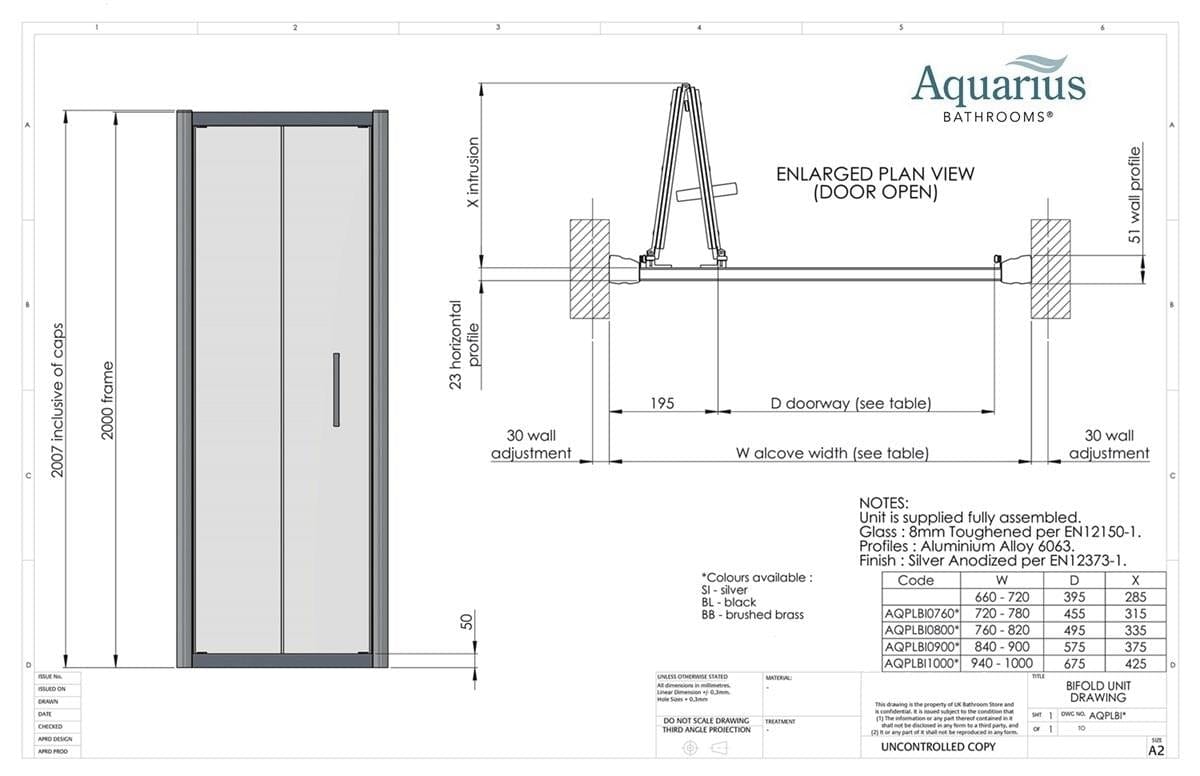 Aquarius Bathrooms Bi-Fold Shower Door Aquarius Pluvia 8mm Bifold Shower Door in Silver