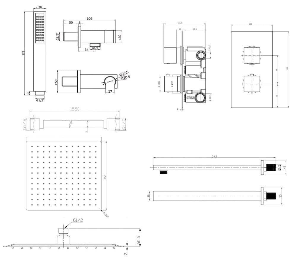 Aquarius Bathrooms Concealed Valve Kit Aquarius RainLux Square Matt Black 2 Outlet Shower Bundle AQRLKIT04MB