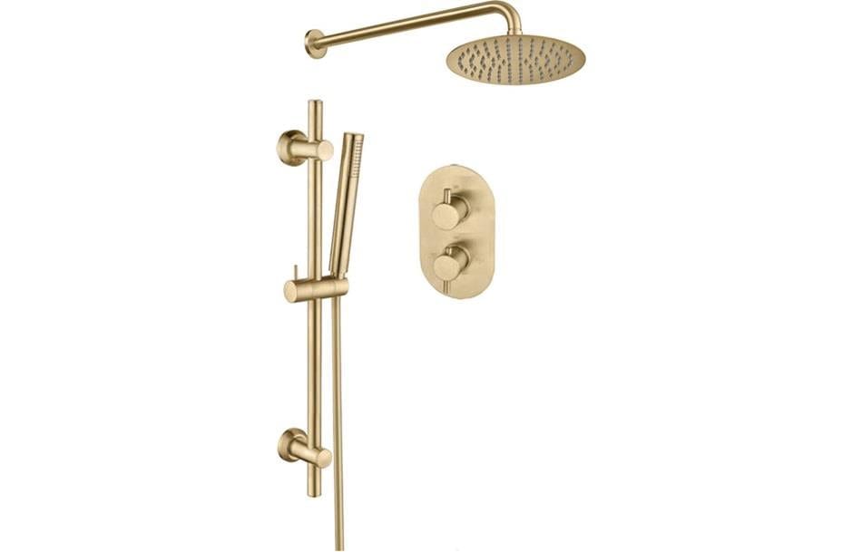Aquarius Bathrooms Concealed Valve Kit Aquarius Modern Round Shower Bundle with Riser Brushed Brass AQBND0116