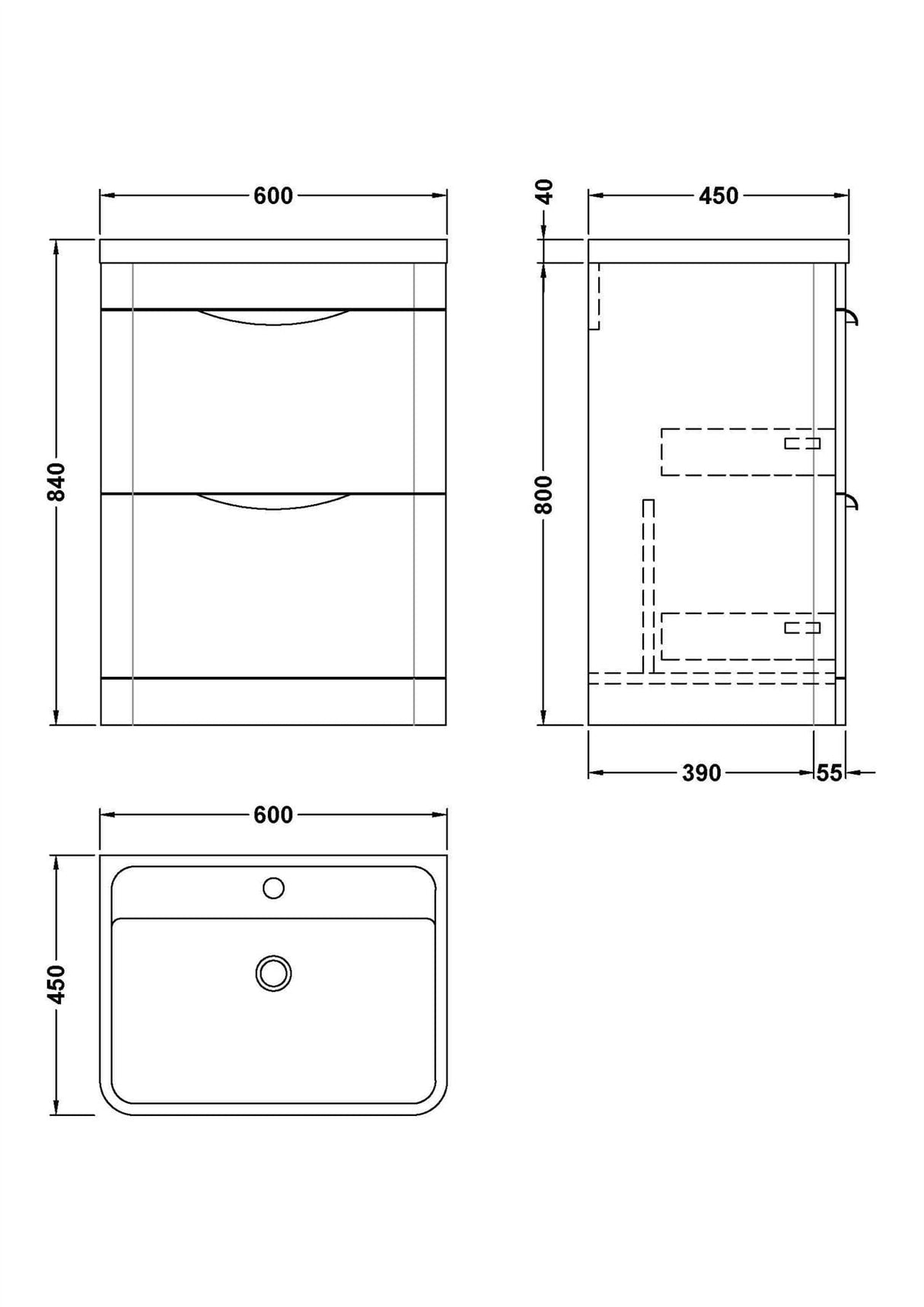 Aquarius Floor Standing Vanity Unit Aquarius Perth 600mm 2 Drawer Floor Standing Vanity Unit with 1 Tap Hole Basin