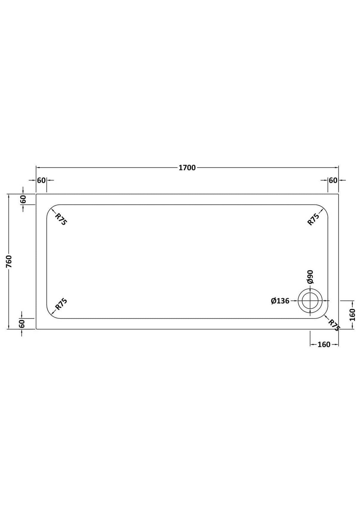 Aquarius Bathrooms Quadrant Shower Tray 1700x760mm Aquarius Urbano 45mm Rectangular Stone Resin Anti Slip Shower Tray