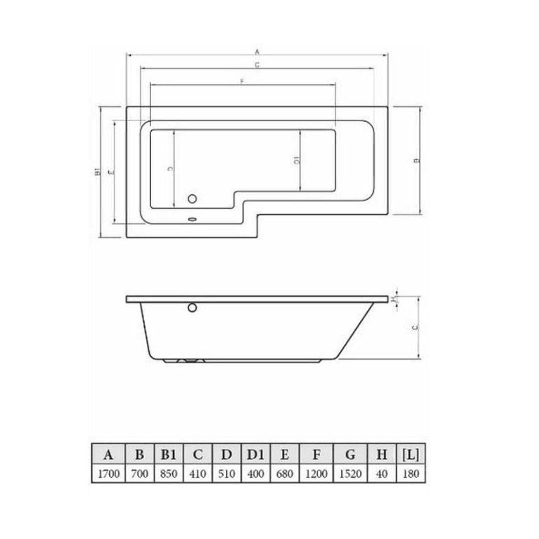 Aquarius Bathrooms Shower Bath Aquarius Splash 1700mm x 700mm L-Shape Shower Bath, Screen And Front Panel Set