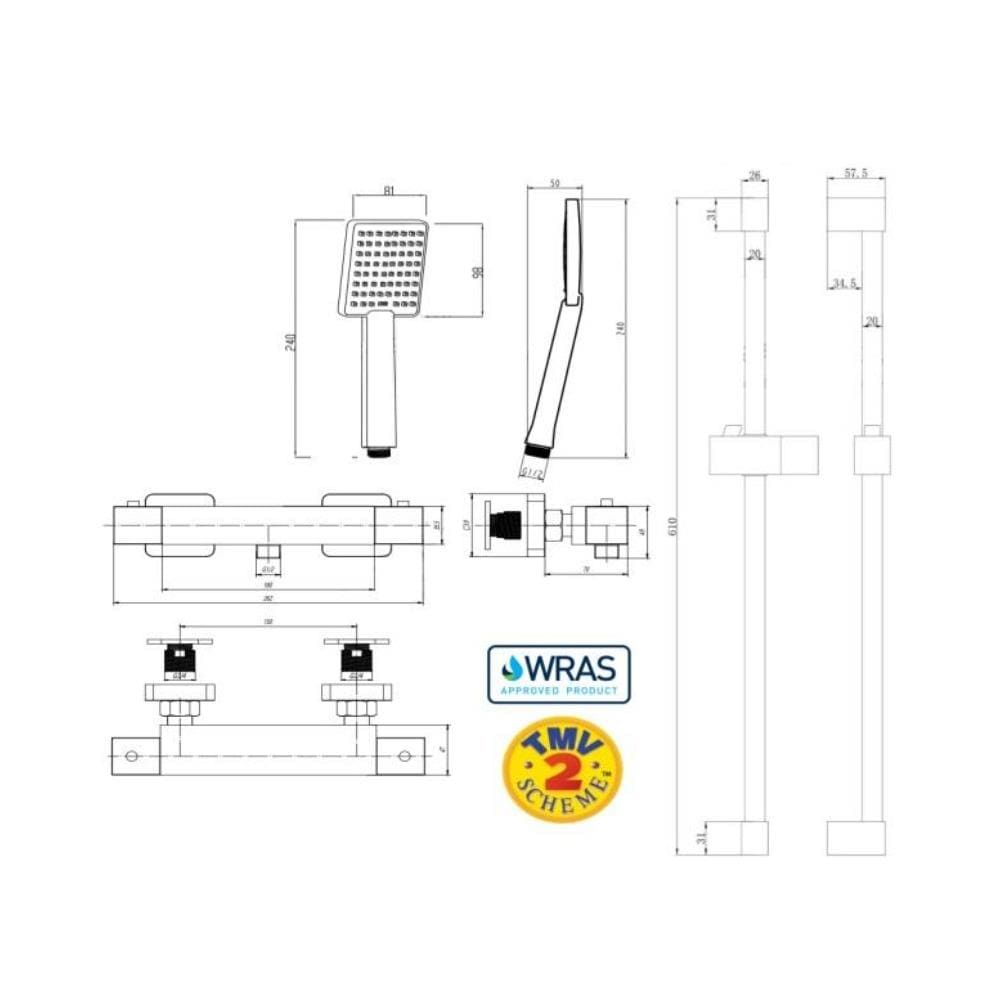 Aquarius Bathrooms Exposed Shower Set Aquarius RainLux Easy-Fit Square Bar Shower Valve with Shower Kit in Matt Black