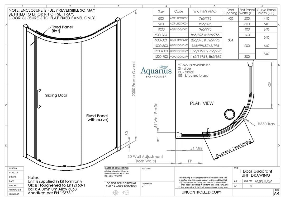 Aquarius Pluvia 8mm Quadrant Single Sliding Shower Door
