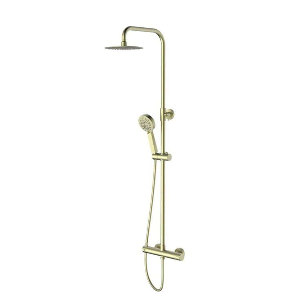 Aquarius Bathrooms Exposed Shower Set Brushed Brass Aquarius RainLux Eco Round Adjustable Exposed Bar Shower System