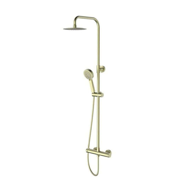 Aquarius Bathrooms Exposed Shower Set Brushed Brass Aquarius RainLux Eco Round Adjustable Exposed Bar Shower System