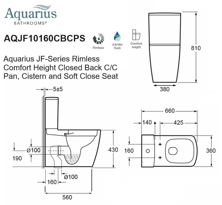 Aquarius Bathrooms Close Coupled Toilet Aquarius JF-Series Rimless Comfort Height Closed Back C/C Pan, Cistern and Soft Close Seat