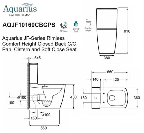 Aquarius Bathrooms Close Coupled Toilet Aquarius JF-Series Rimless Comfort Height Closed Back C/C Pan, Cistern and Soft Close Seat
