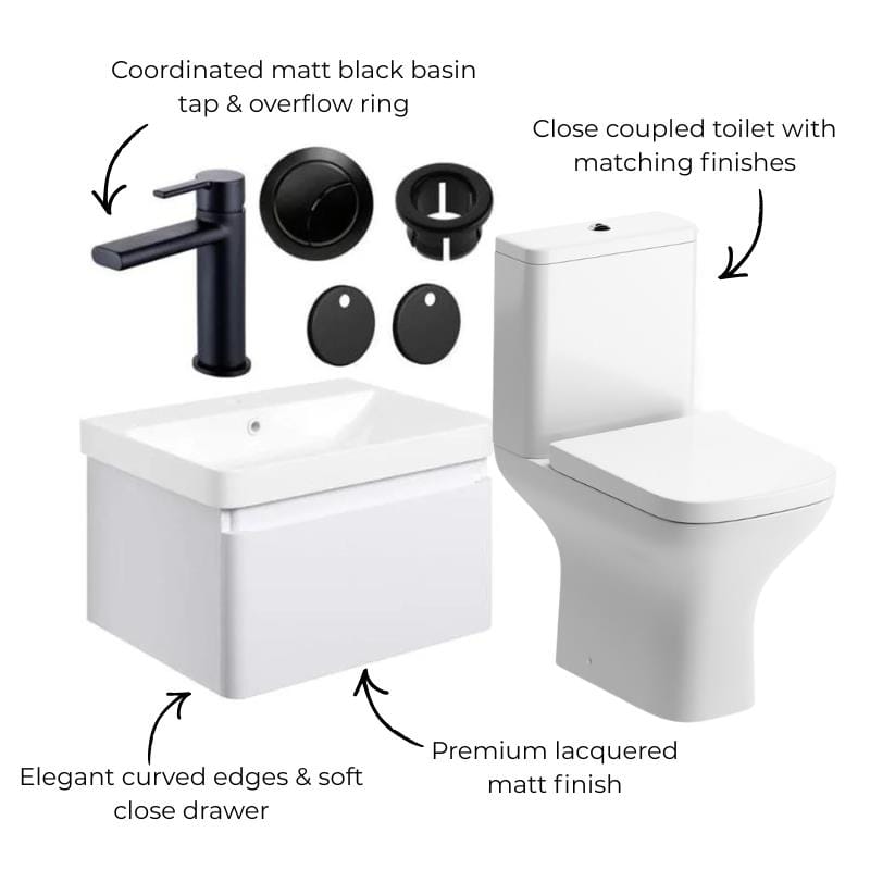 Aquarius Vanity Unit Aquarius Sophie 605mm Wall Hung Vanity Unit, Close Coupled Toilet, Tap and Fittings Bundle