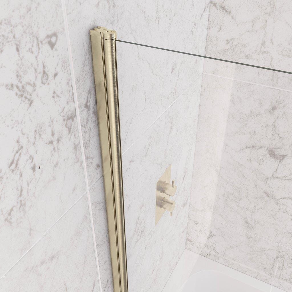 Aquarius Bathrooms Hinged Curved Bath Screen Aquarius LevAqua Curved 6mm Brushed Brass Hinged Bath Screen 1400 x 800mm AQ490111