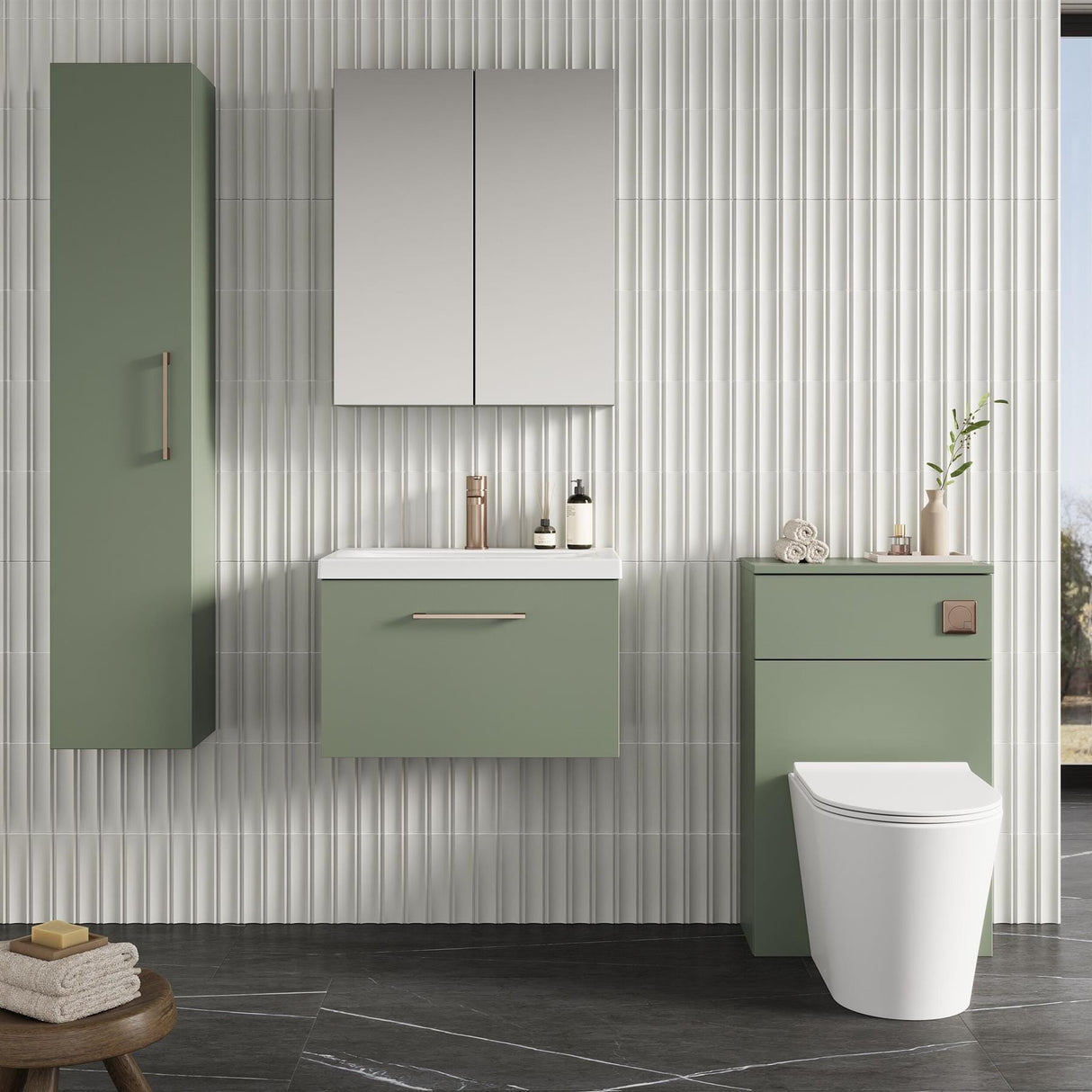 Aquarius Wall Mounted Vanity Unit Satin Green Aquarius Brisbane 600mm Wall Hung 1 Drawer Vanity Unit with 1 Tap Hole Mid Edge Basin