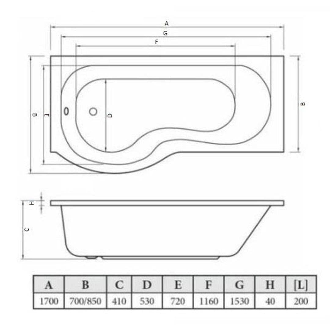 Aquarius Bathrooms Shower Bath Aquarius Splash 1700mm x 700mm P-Shape Shower Bath, Screen And Front Panel Set