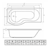Aquarius Bathrooms Shower Bath Aquarius Splash 1700mm x 700mm P-Shape Shower Bath, Screen And Front Panel Set