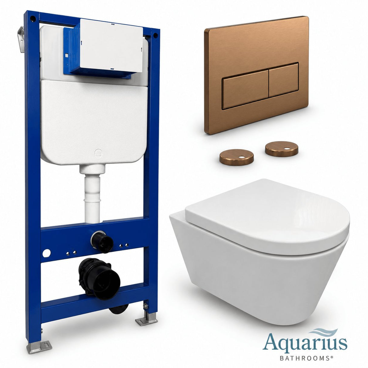 Aquarius Bathrooms Wall Hung Toilet Brushed Bronze / Square Aquarius Urbano Rimless Wall Hung Toilet Pack with Frame, Flush Plate, Soft Closing Seat and Hinge Covers