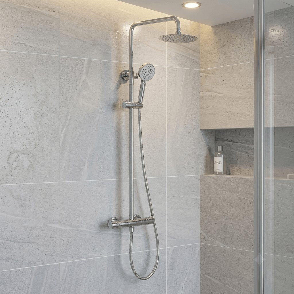 Aquarius Bathrooms Exposed Shower Set Chrome Aquarius RainLux Cool Touch Adjustable Round Exposed Shower Valve and Kit