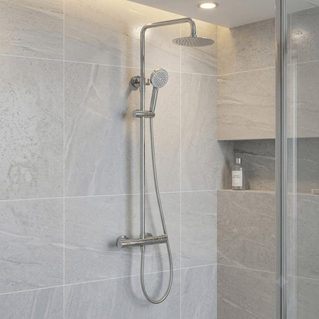 Aquarius Bathrooms Exposed Shower Set Chrome Aquarius RainLux Cool Touch Adjustable Round Exposed Shower Valve and Kit