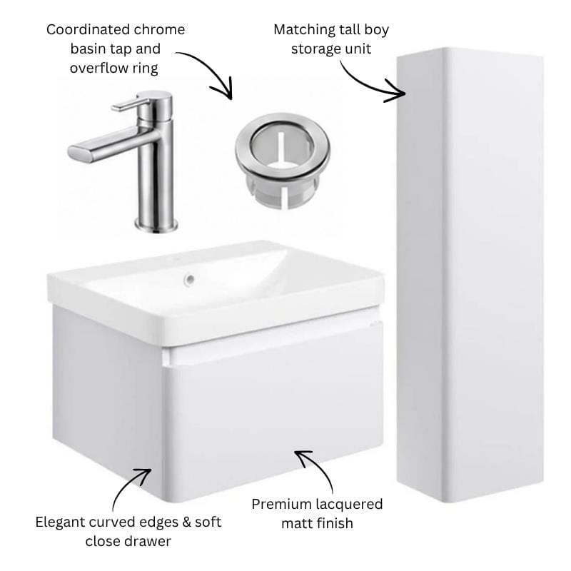 Aquarius Vanity Unit Aquarius Sophie 605mm Wall Hung Vanity Unit, Tall Boy Storage Unit, Tap and Fittings Bundle