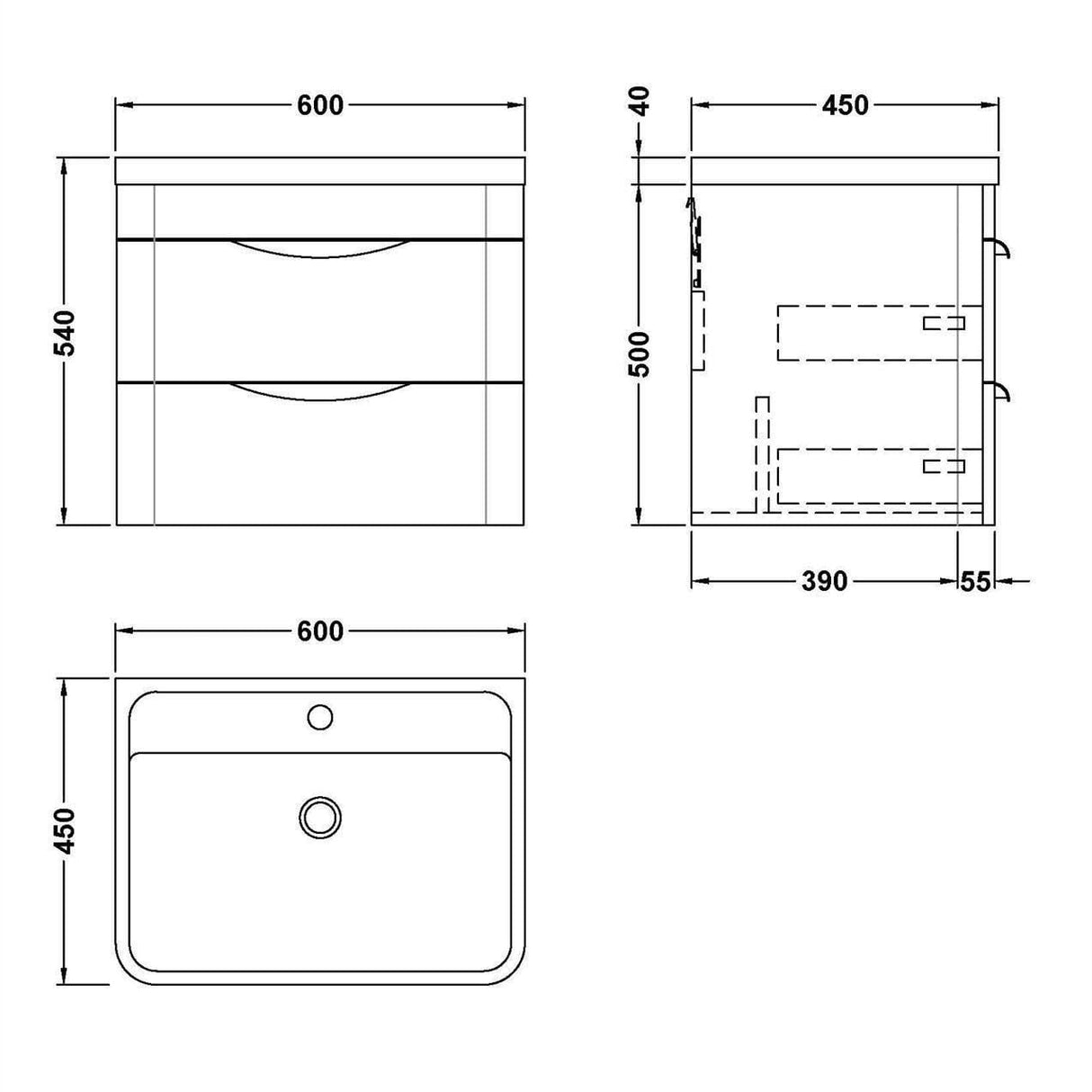 Aquarius Bathrooms Wall Mounted Vanity Unit Aquarius Perth 600mm 2 Drawer Wall Mounted Vanity Unit with 1 Tap Hole Basin
