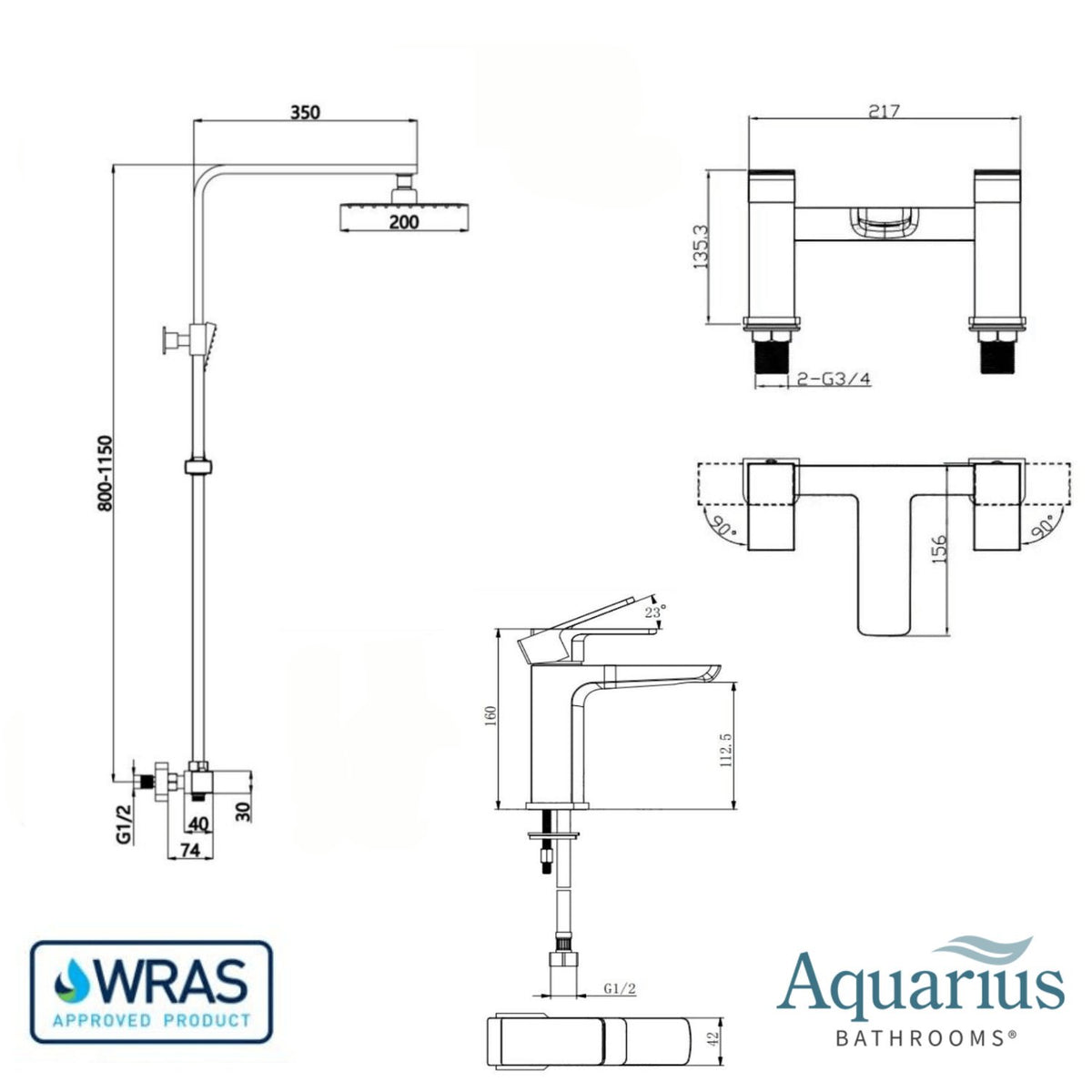 Aquarius Bathrooms Exposed Shower Set Aquarius Hydro Complete Shower Brassware Pack with Basin Mixer, Bath Mixer & Round Exposed Shower