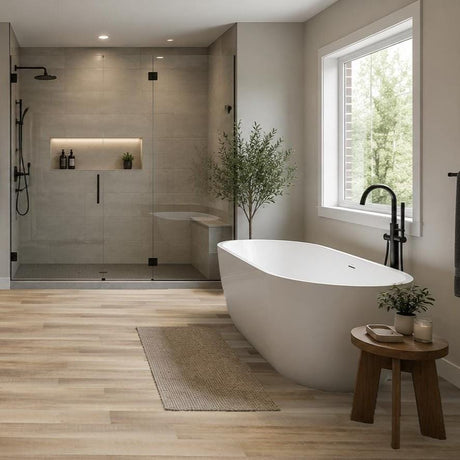 Aquarius Bathrooms Click Flooring Aquarius Enna Vinyl Wood Click Flooring in Medium Oak | 100% Waterproof | SPC Rigid Core | Built-In Underlay