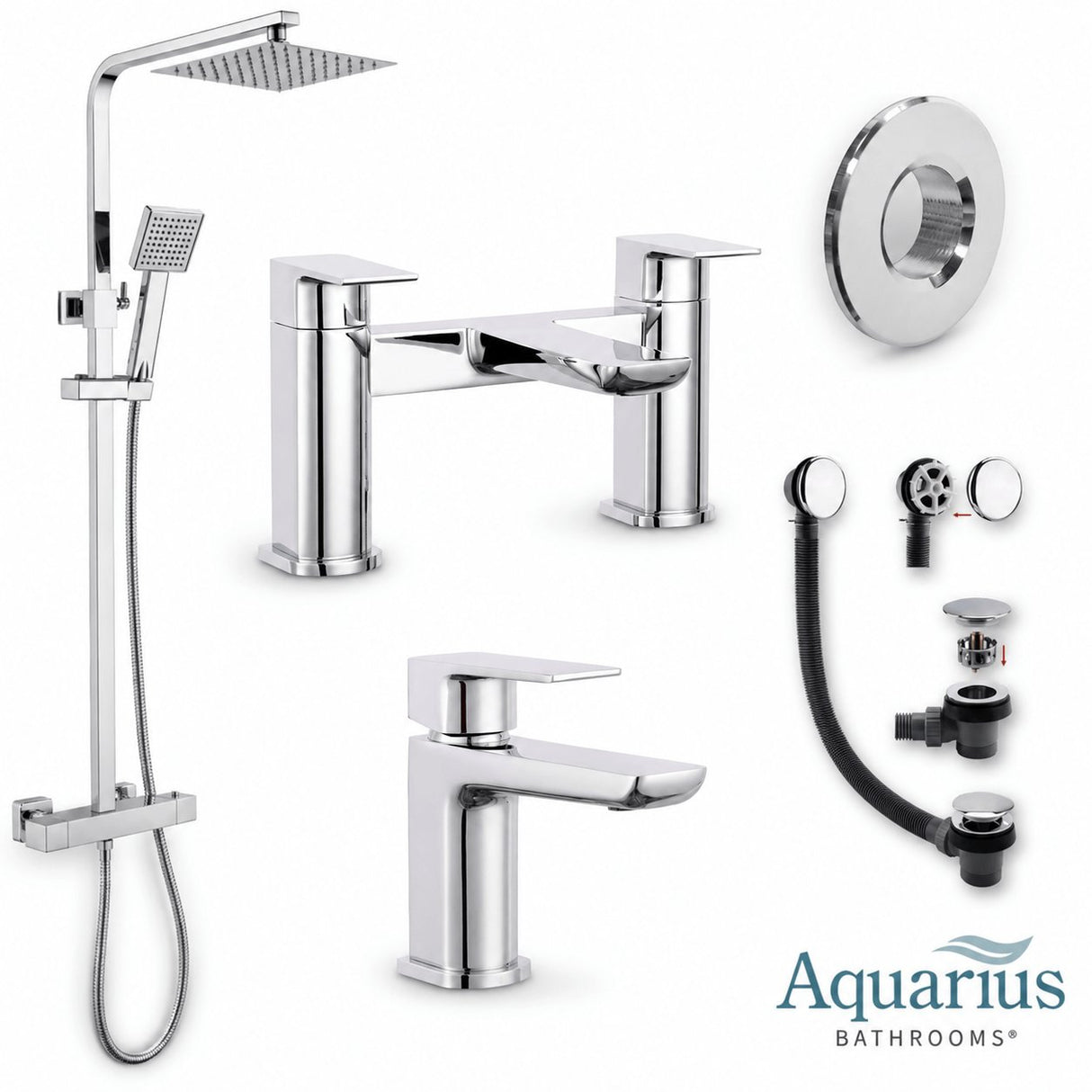 Aquarius Hydro Complete Shower Brassware Pack with Basin Mixer, Bath Mixer & Round Exposed Shower