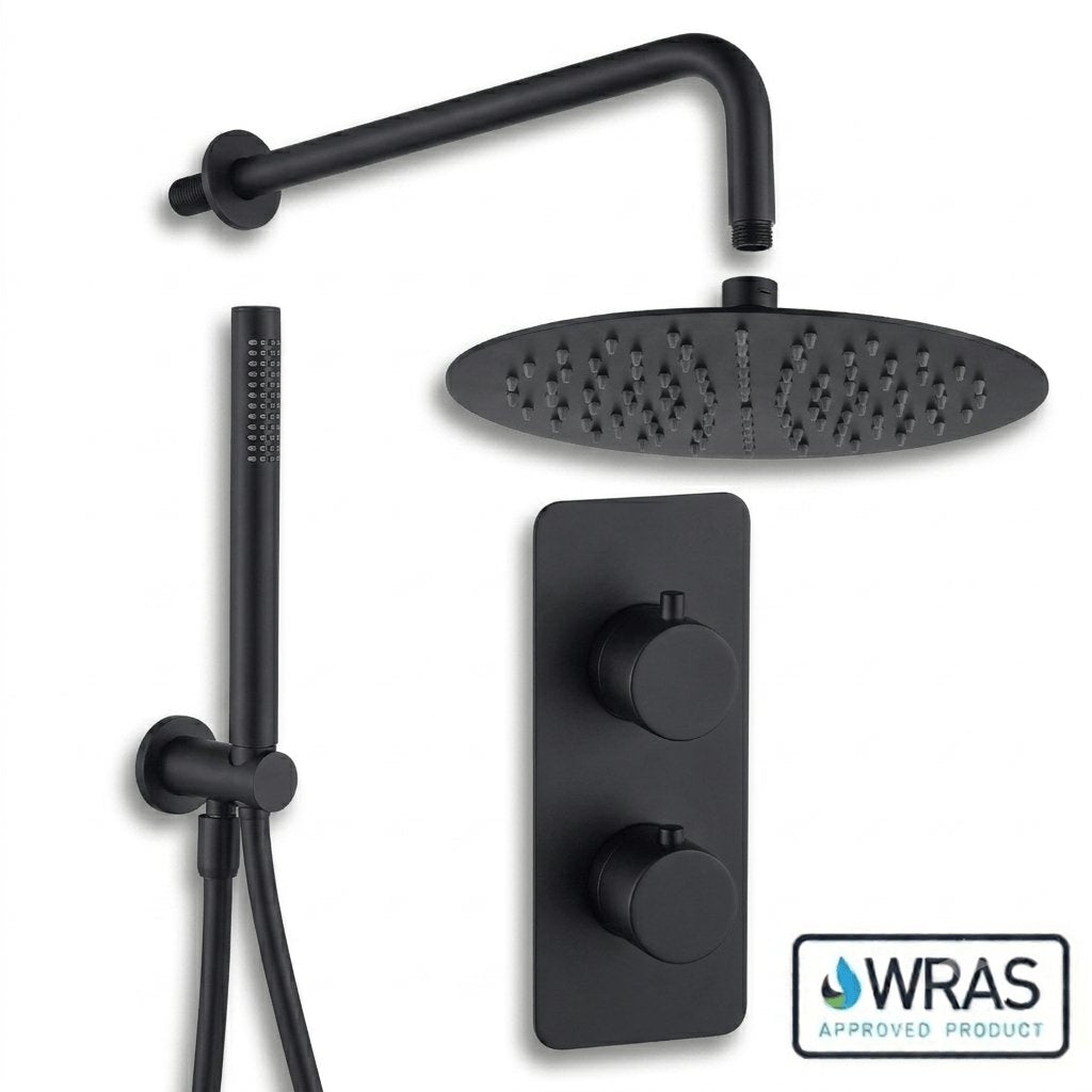 Aquarius Bathrooms Concealed Shower Set Matt Black Aquarius RainLux 2 Outlet Thermostatic Shower Set with Shower Head and Single Function Handset