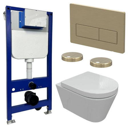 Aquarius Bathrooms Wall Hung Toilet Brushed Brass / Square Aquarius Urbano Rimless Wall Hung Toilet Pack with Frame, Flush Plate, Soft Closing Seat and Hinge Covers