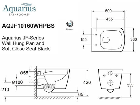 Aquarius Bathrooms Wall Hung Toilet Aquarius JF-Series Wall Hung Pan and Soft Close Seat Black