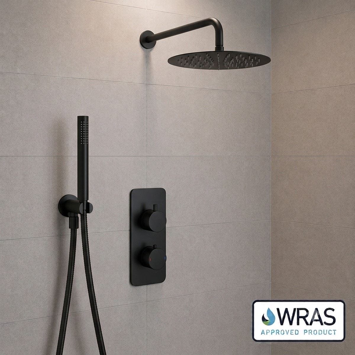 Aquarius Bathrooms Concealed Shower Set Matt Black Aquarius RainLux 2 Outlet Thermostatic Shower Set with Shower Head and Single Function Handset