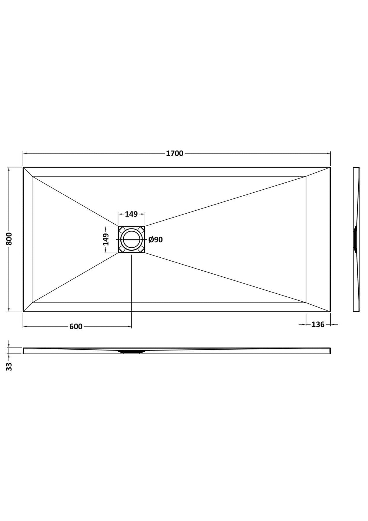 Aquarius Bathrooms Rectangle Shower Tray 1700x800mm Aquarius Urbano Slimline 33mm Slate Effect Rectangular Stone Resin Shower Tray in White Slate