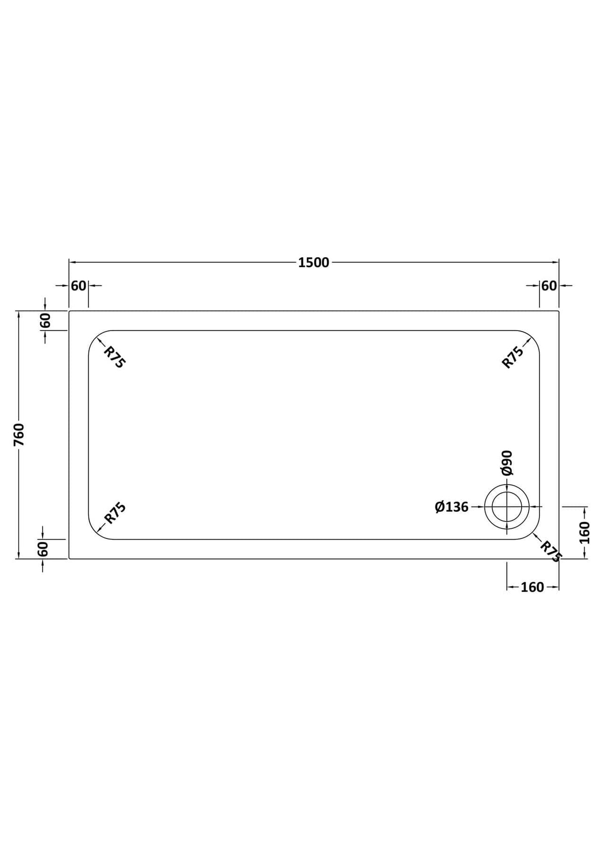 Aquarius Bathrooms Rectangle Shower Tray 1500x760mm Aquarius Urbano Rectangular 45mm Stone Resin Shower Tray in White