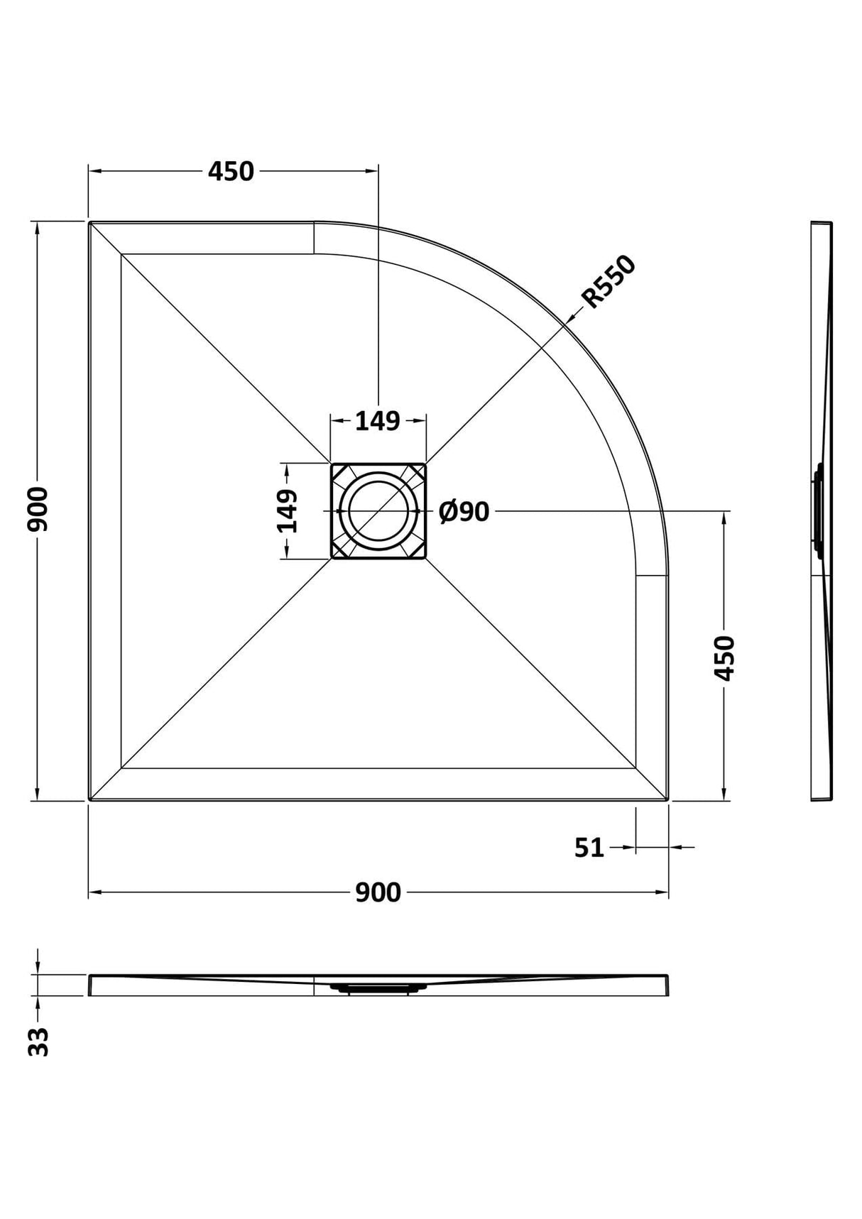 Aquarius Bathrooms Quadrant Shower Tray 900x900mm Aquarius Urbano Slimline 33mm Slate Effect Quadrant Stone Resin Shower Tray in Black Slate
