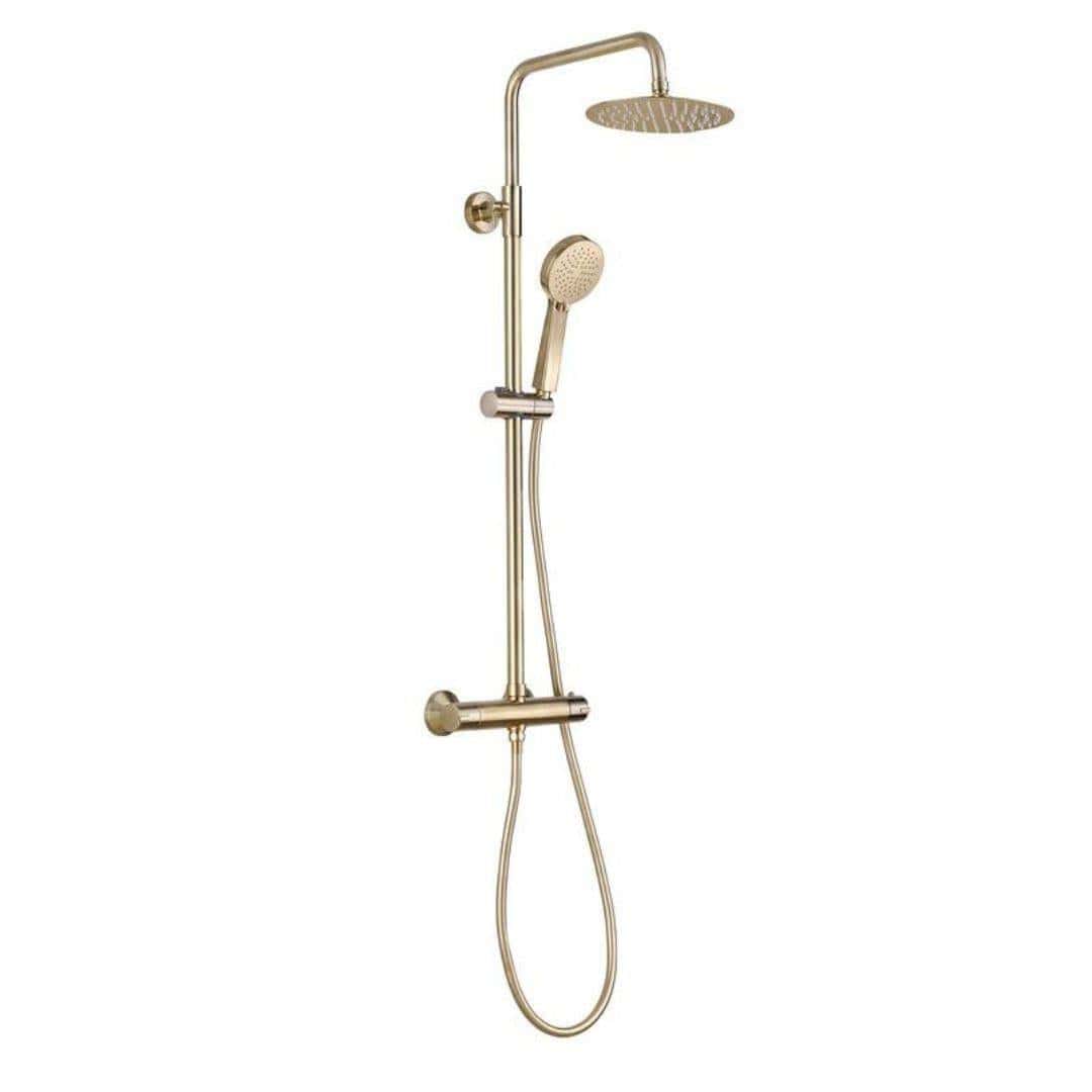 Aquarius Bathrooms Exposed Shower Set Brushed Brass Aquarius Exposed Thermostatic Bar Shower Overhead and Handheld Shower