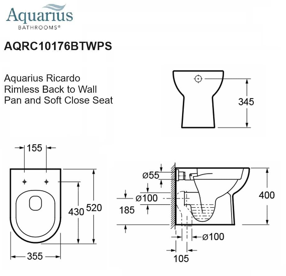 Aquarius Bathrooms Back To Wall Toilet Aquarius Ricardo Rimless Back to Wall Pan and Soft Close Seat AQRC10176BTWPS