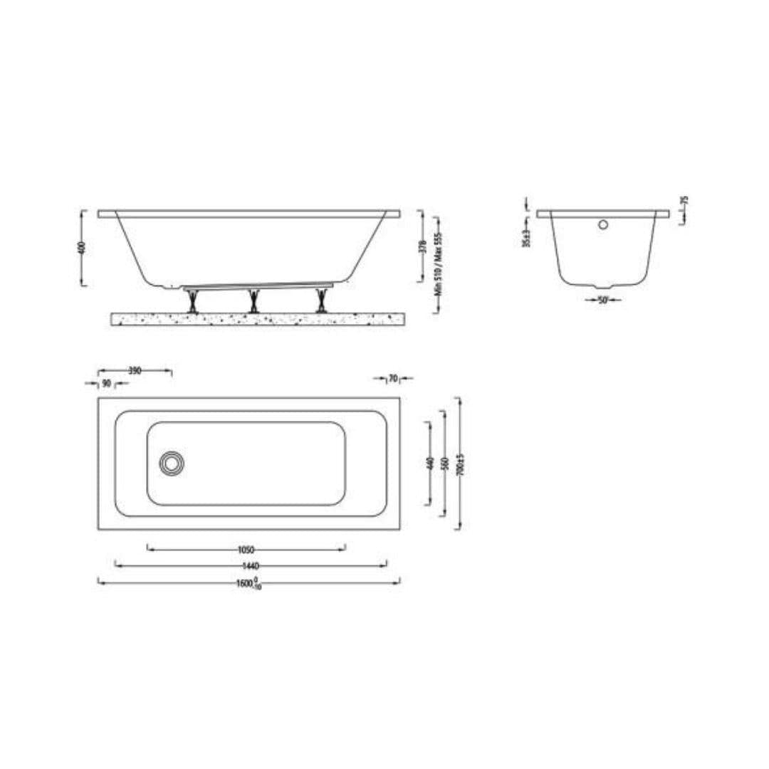 Aquarius Bathrooms Single Ended Bath 1600 x 700mm Aquarius Aaron Single Ended Standard Bath